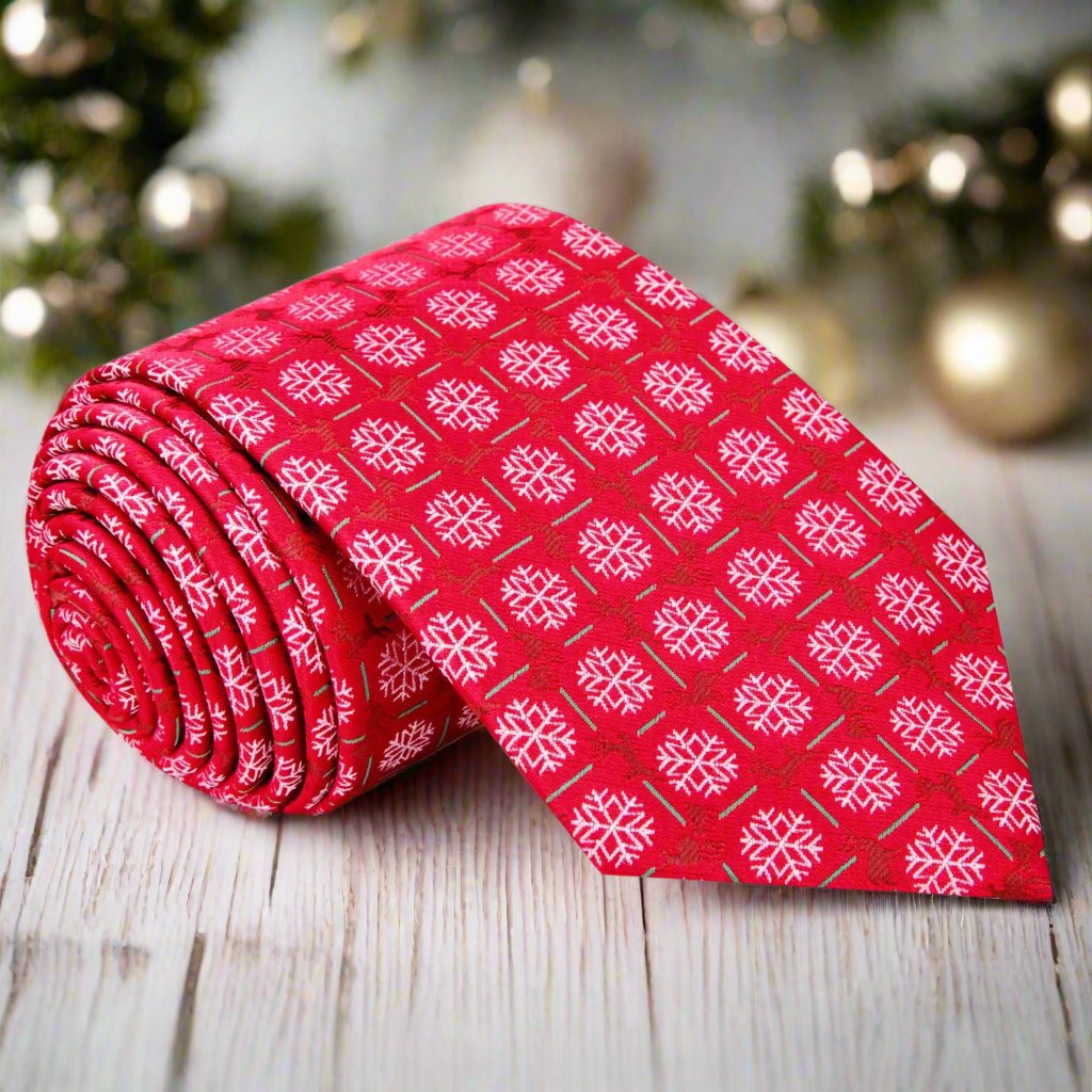 Elegant red snowflake pattern necktie with white snowflakes, perfect for holiday parties.