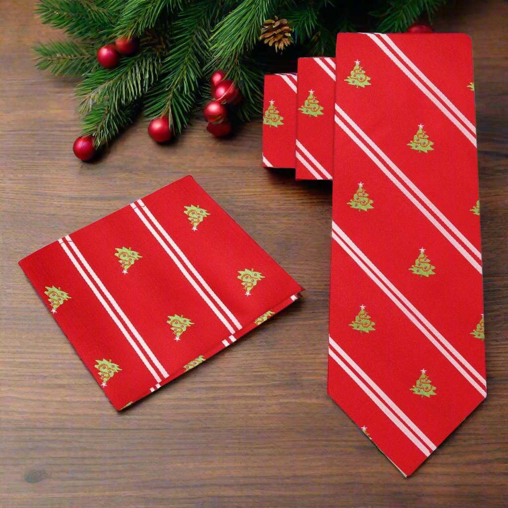 Styled image of the necktie paired with a classic white dress shirt for a polished holiday look.