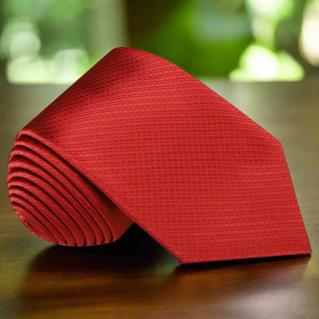 Close-up of red textured silk necktie showing geometric pattern and rich color