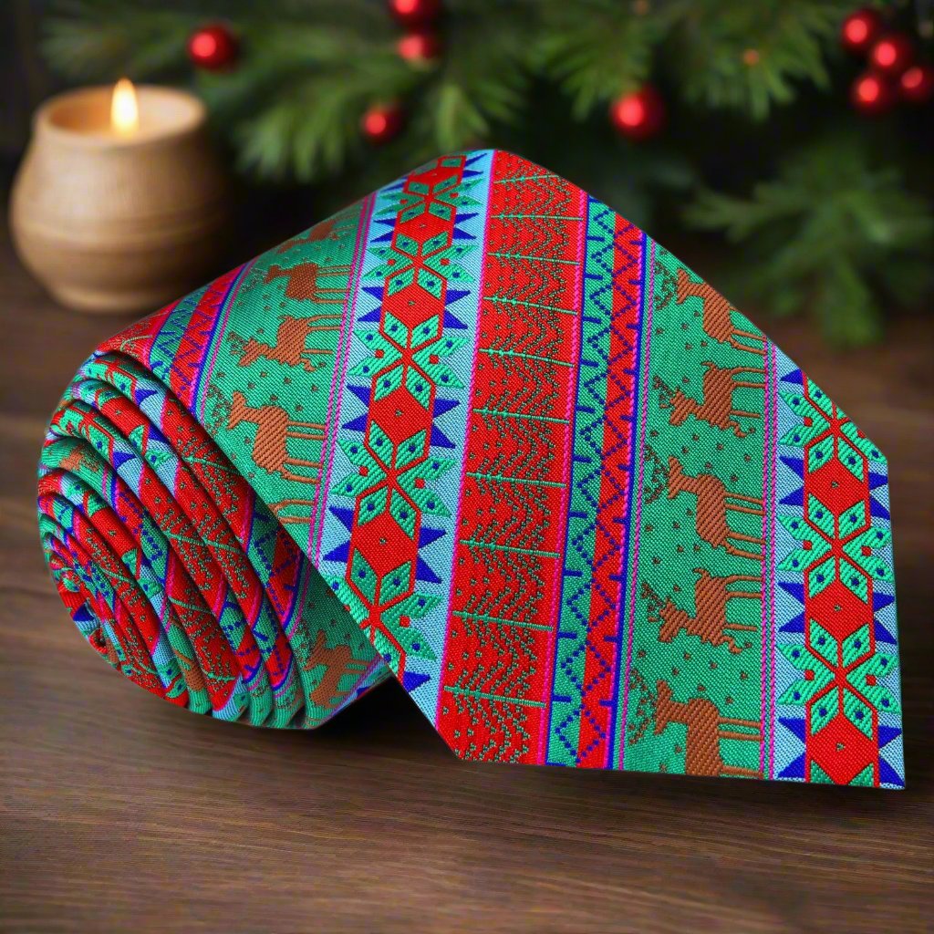 Close-up of the festive holiday silk necktie showcasing its vibrant Christmas pattern.