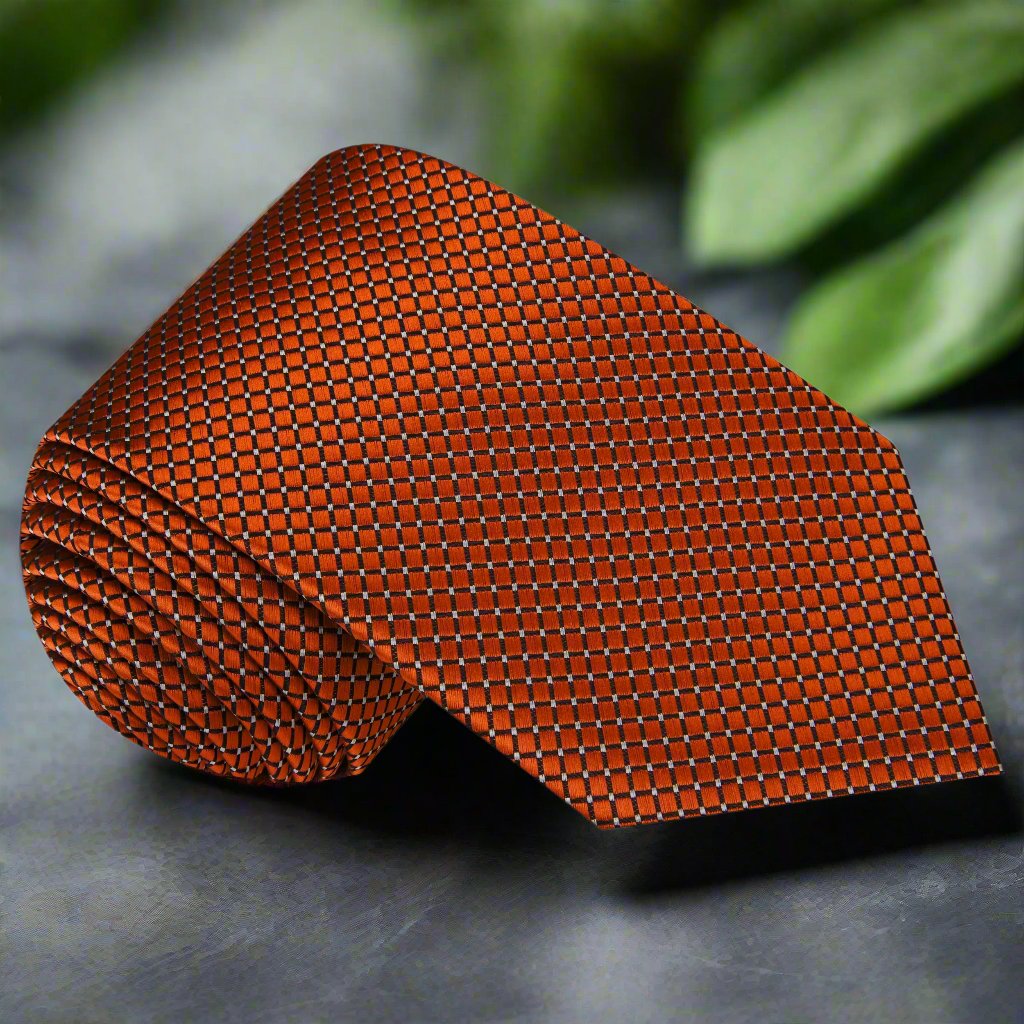 Close-up of geometric textured rust orange silk necktie for wedding and business attire