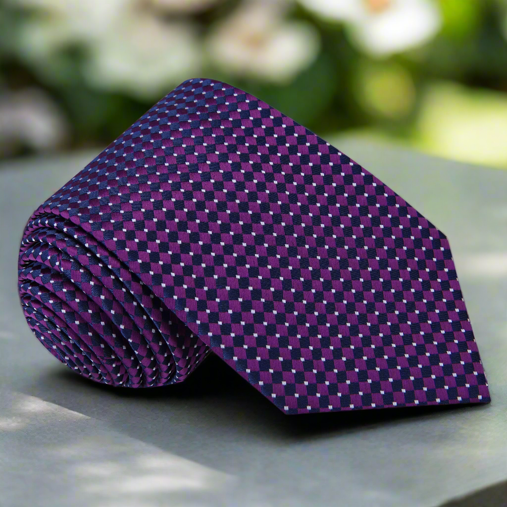 Elegant deep purple geometric silk tie on a white dress shirt, highlighting its bold design.