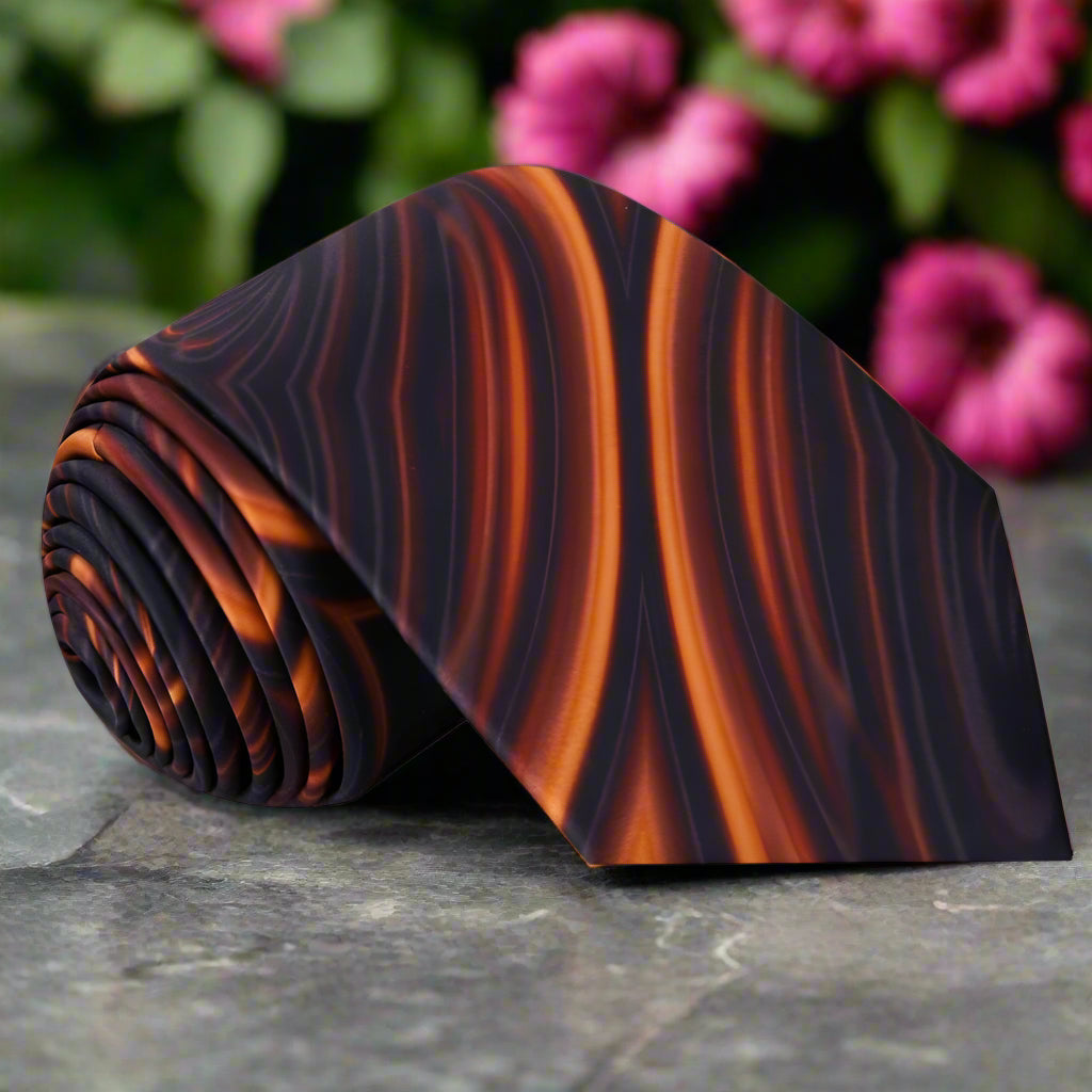 Elegant silk necktie with caramel swirl pattern, ideal for weddings and formal events
