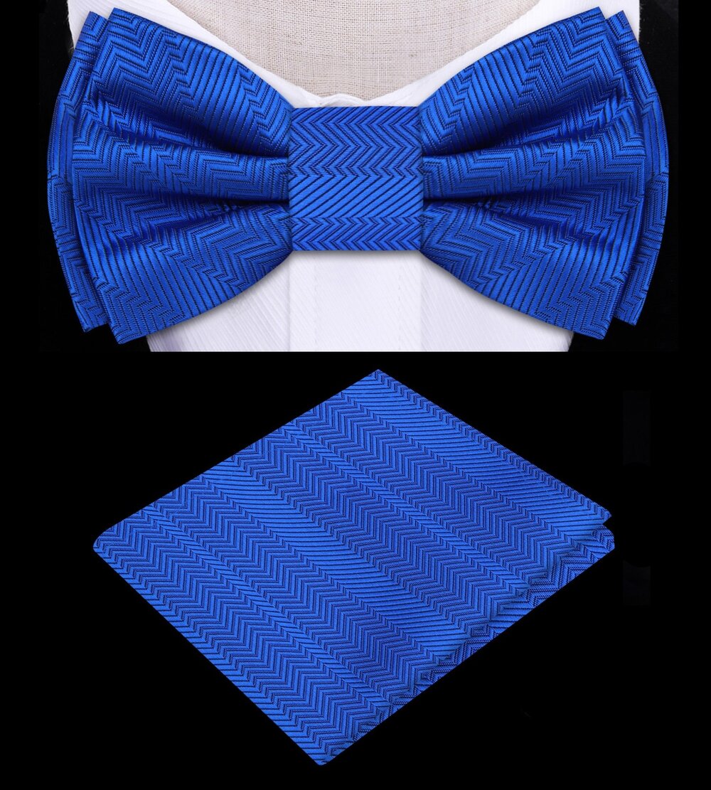 Close-up of the royal blue bow tie showing its lined texture and pre-tied feature.