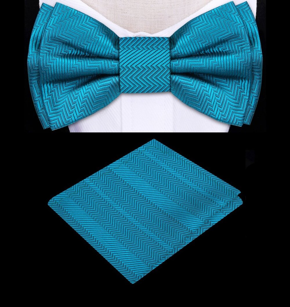 Front view of kids teal pre-tied bow tie and pocket square set laid flat on white background