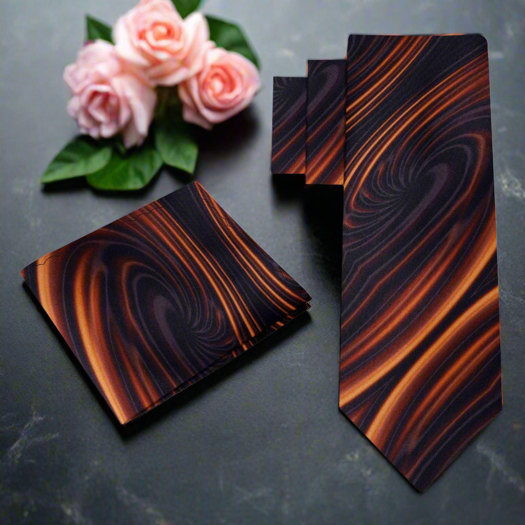 Mens accessories featuring a rich caramel swirl necktie paired with a blue shirt
