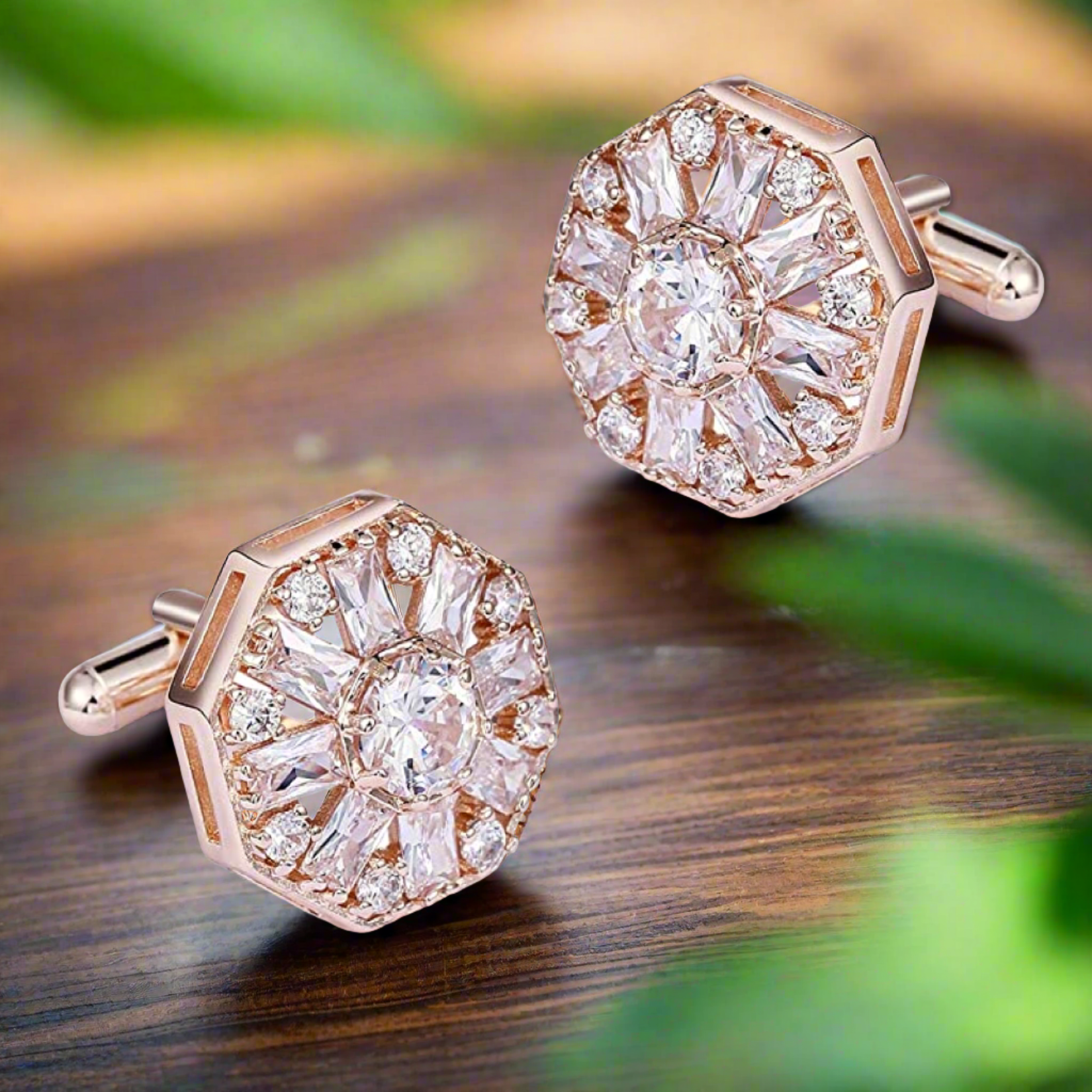 Close-up of luxury cufflinks with gemstones against a white dress shirt, highlighting their shine.