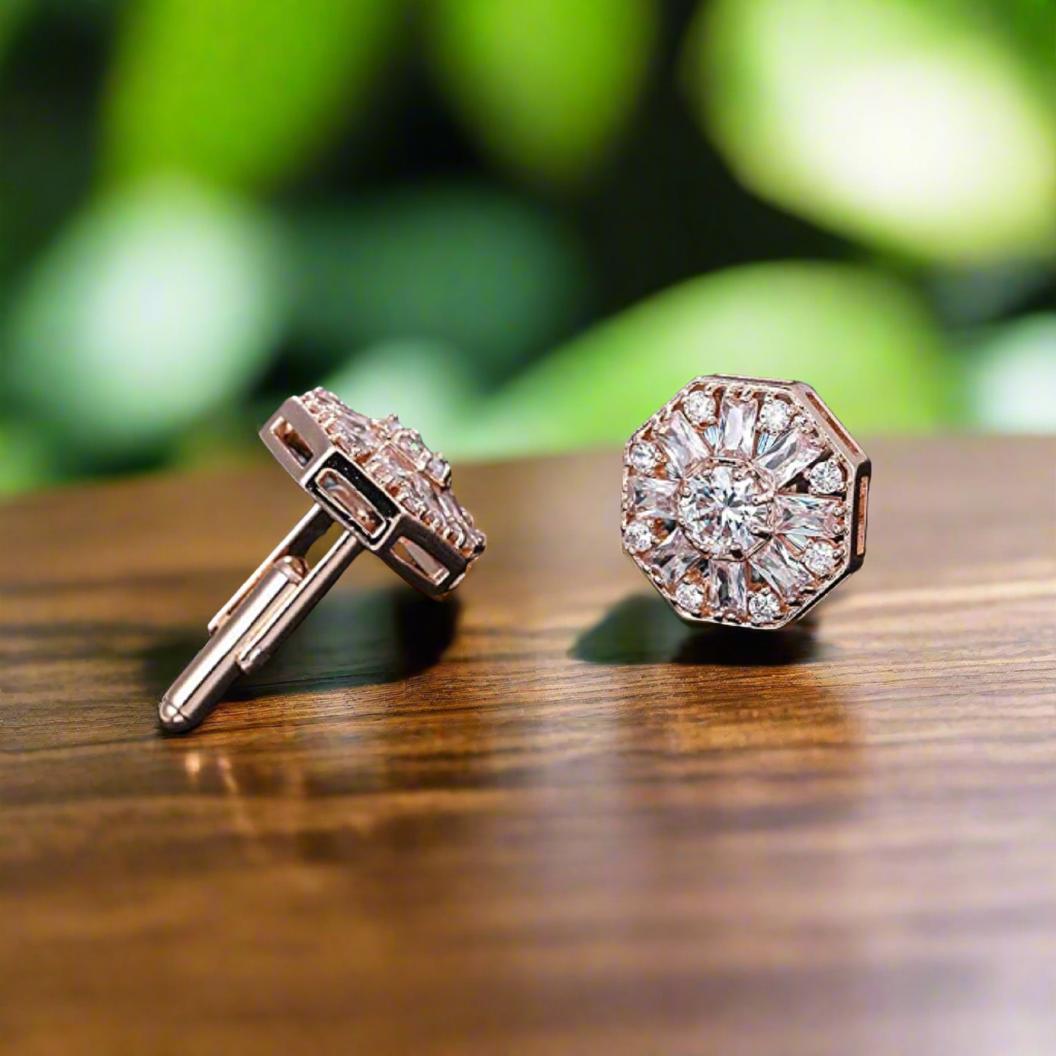 Cufflinks placed on a light grey shirt, demonstrating their sophisticated contrast.