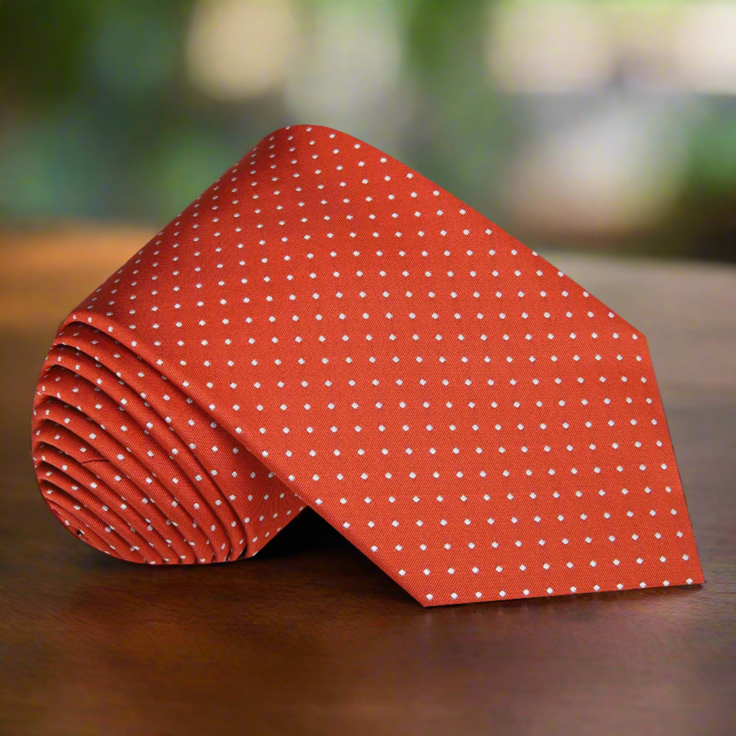 Close-up view of the vibrant reddish orange polka dot tie showcasing its silky texture and playful pattern.