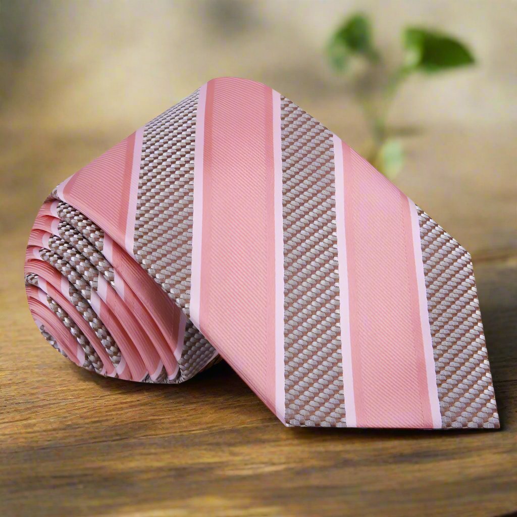 Close-up of classic blue striped silk necktie set on a dark background, showcasing its luxurious texture.