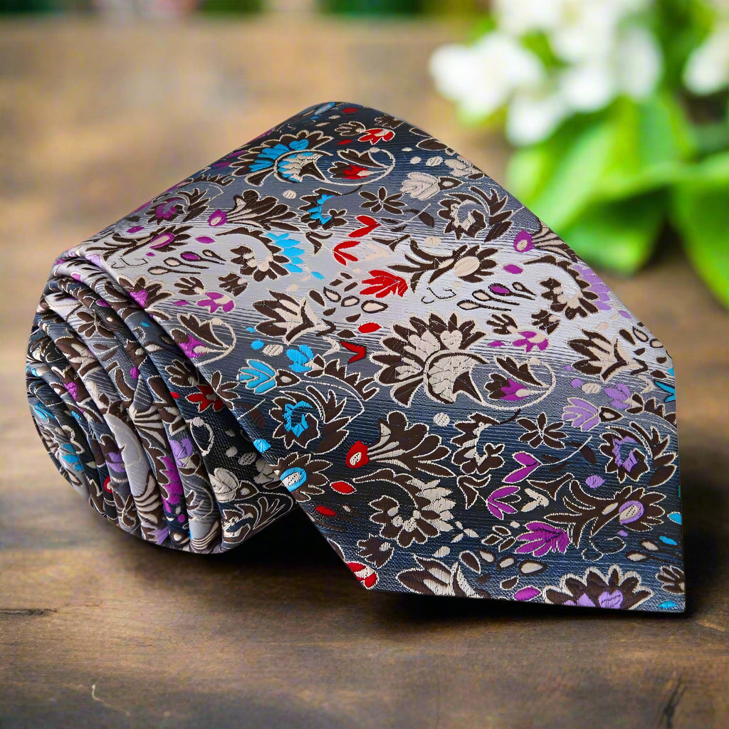 Men's floral necktie in vibrant colors, suitable for weddings and formal occasions