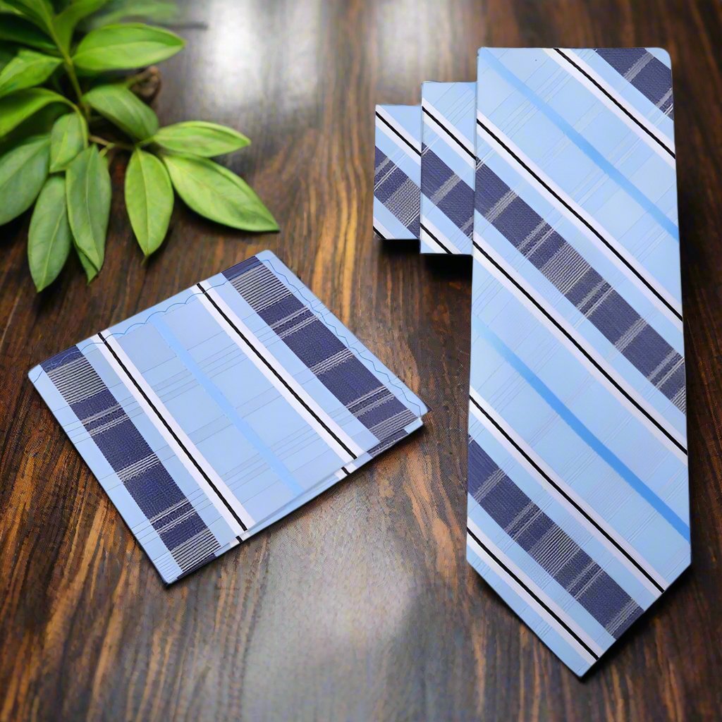 Close-up of a stylish mens plaid tie in blue and yellow, suitable for formal events