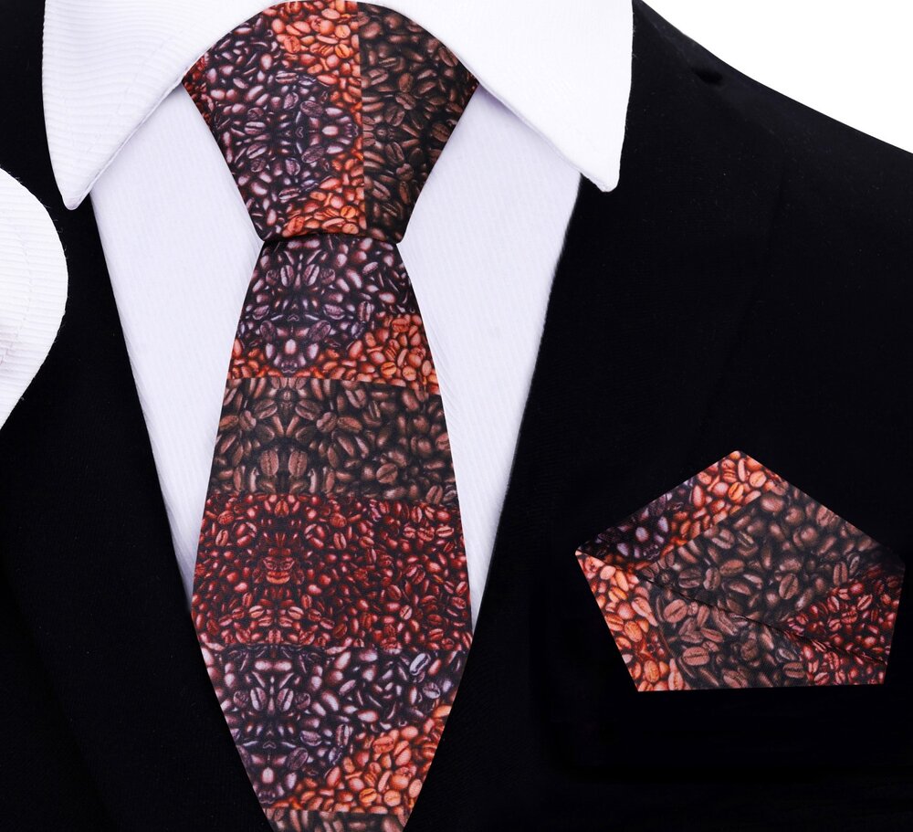Close-up of the coffee beans silk tie showcasing its intricate pattern and earthy tones.