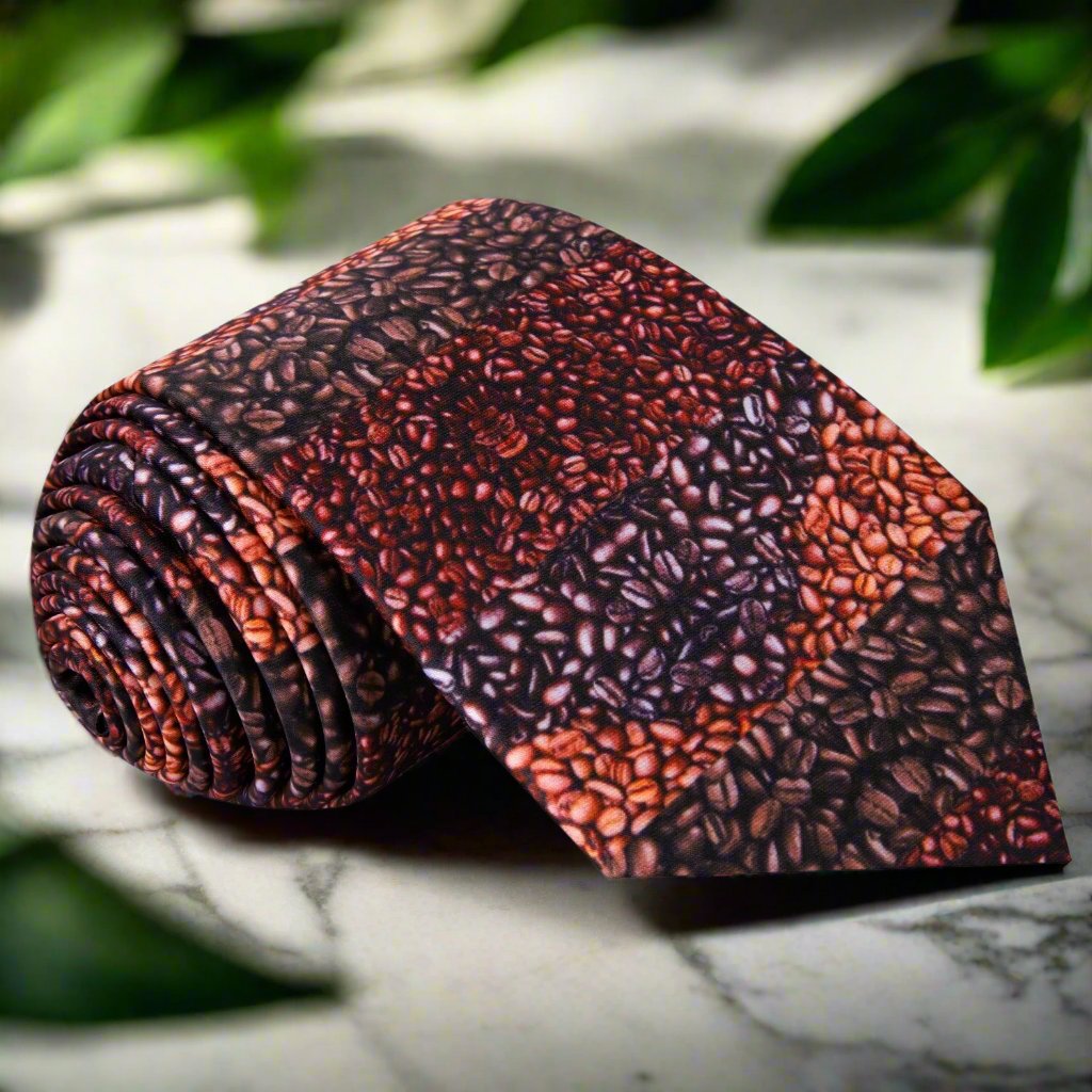 Close-up of the coffee beans silk tie showcasing its intricate pattern and earthy tones.