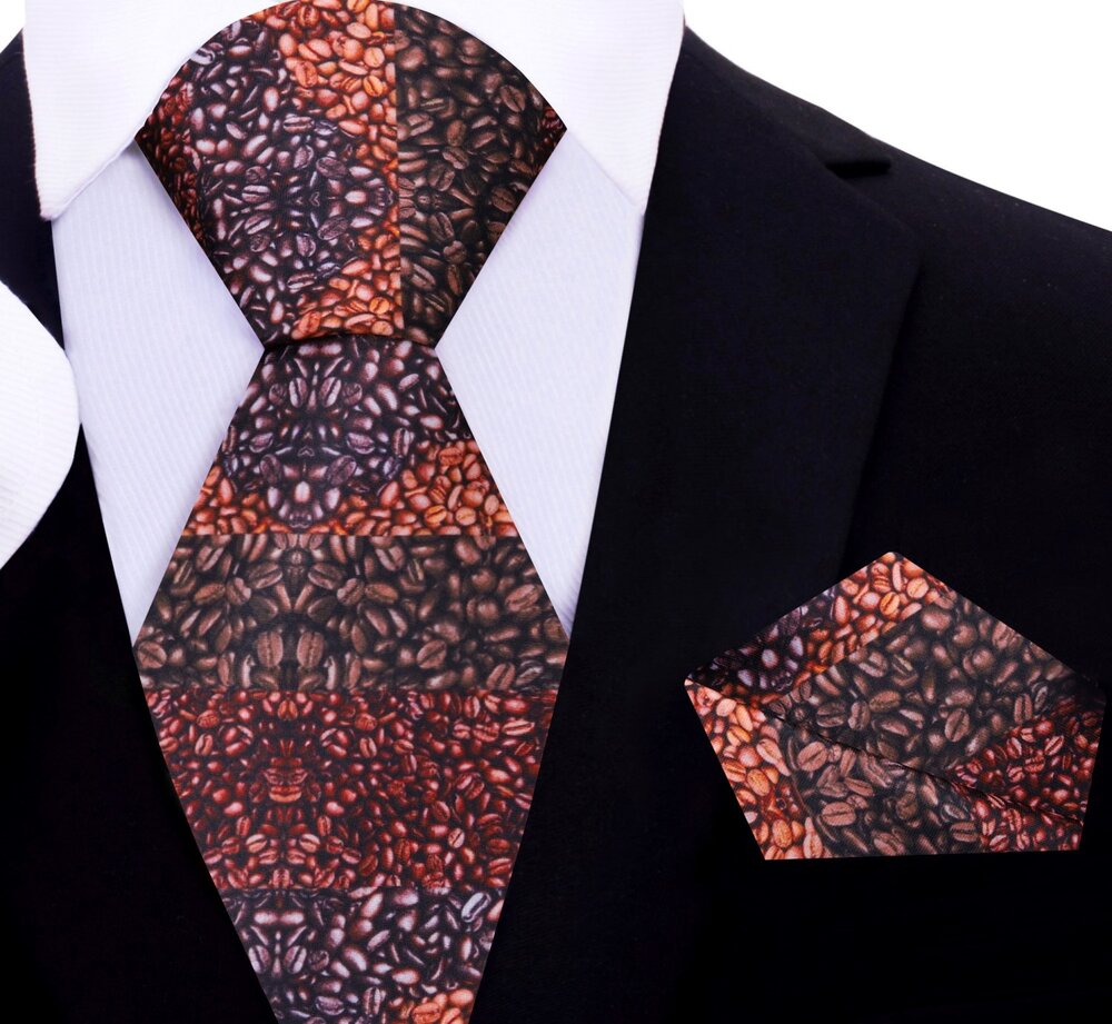 Coffee beans necktie displayed next to a matching pocket square, highlighting its elegance and versatility.