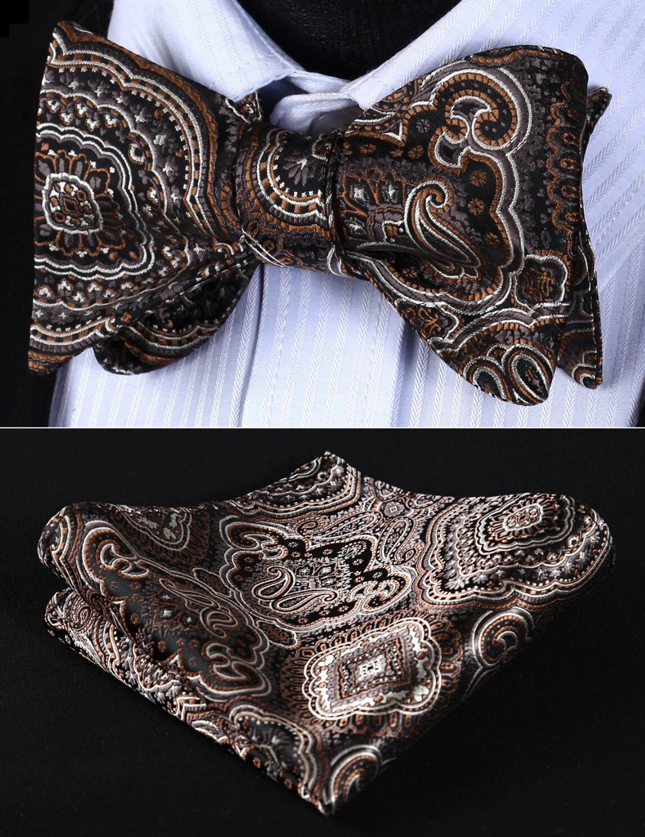 Close-up of dark brown paisley self-tie bow tie showing intricate pattern