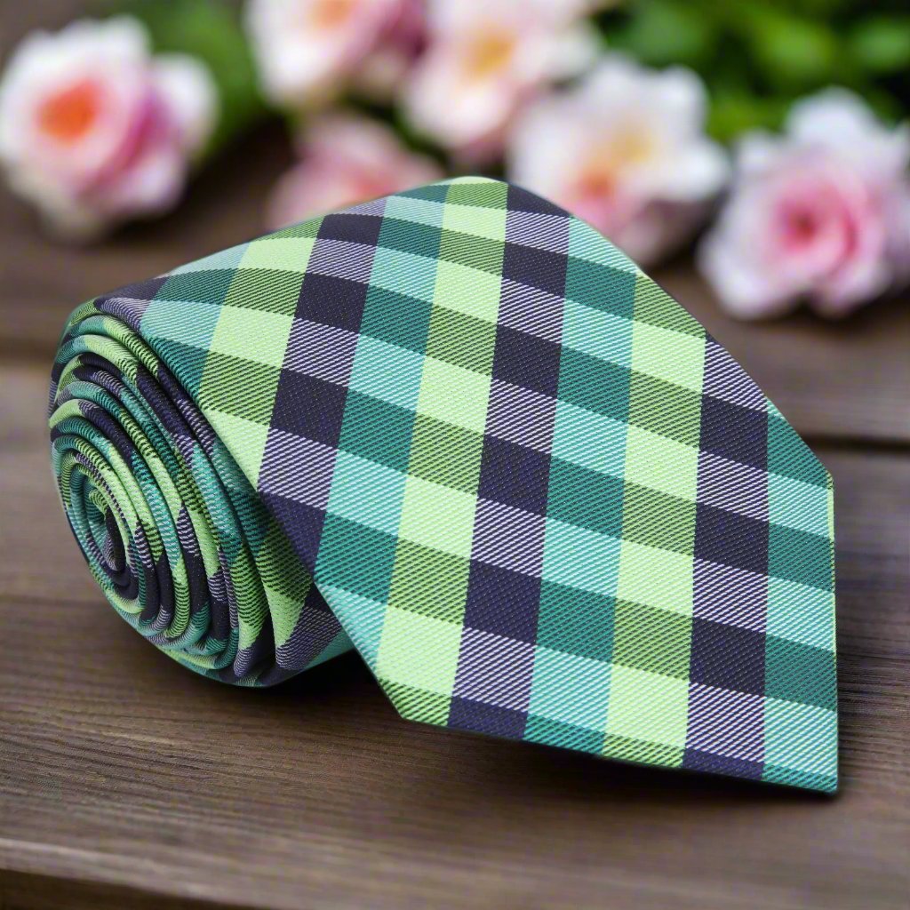 Front view of green checkered silk necktie showcasing the plaid pattern