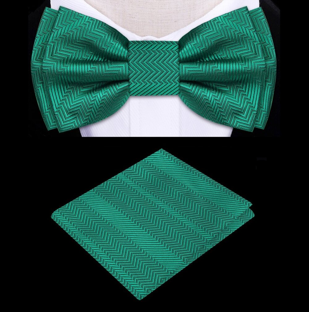 Kids shamrock green bow tie and pocket square set on a child’s collar for a formal event