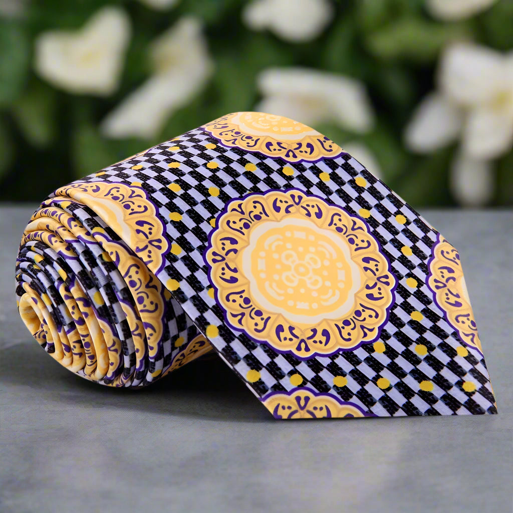 Elegant Shield silk tie in Yellow Medallion, perfect for formal events.