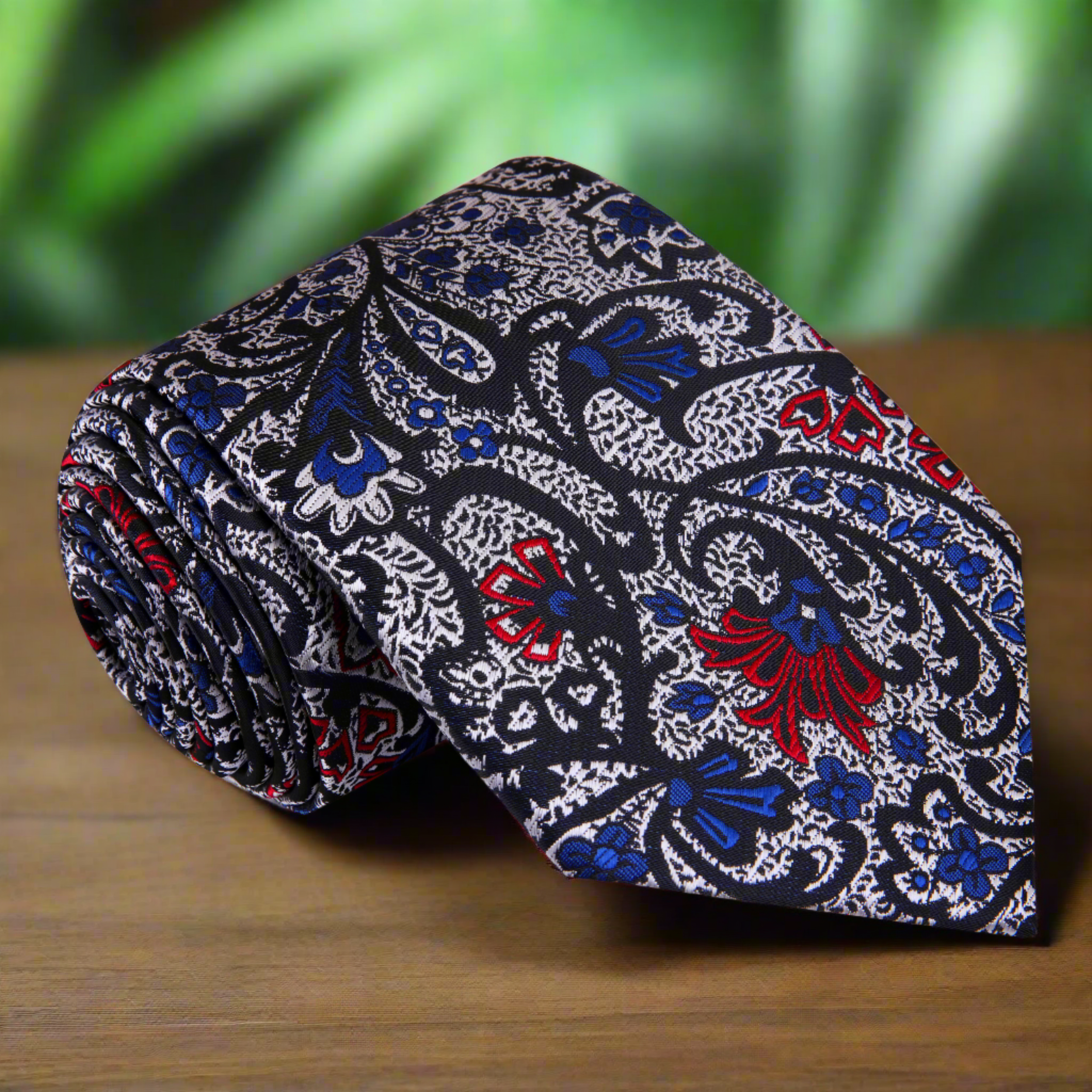 Close-up of luxury paisley silk necktie with intricate patterns