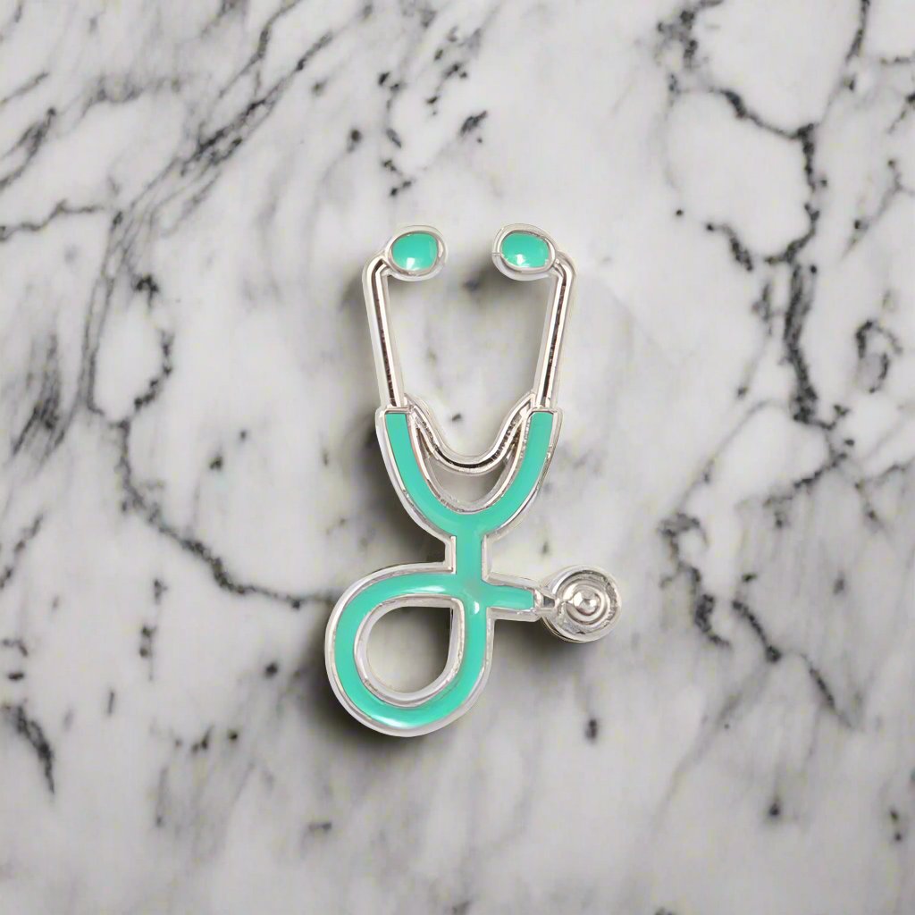 Healthcare professional wearing a stethoscope pin at a medical conference, showcasing dedication.
