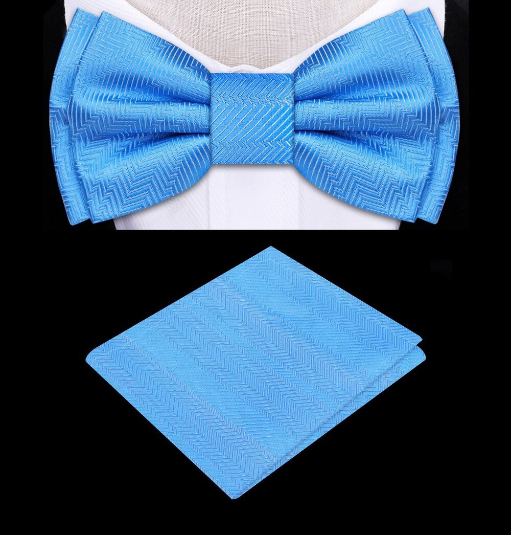 Sky blue pre-tied bow tie and pocket square set displayed on a white background.