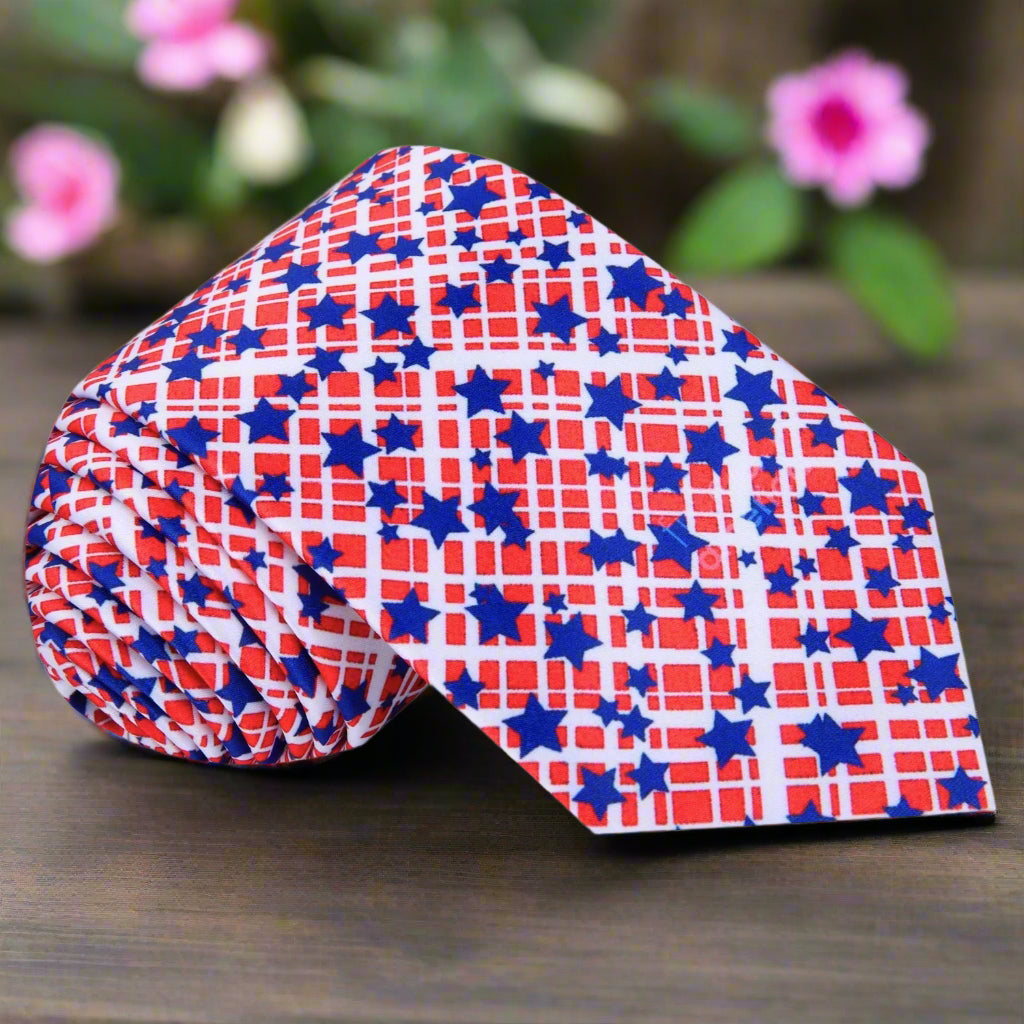 Close-up of the patriotic tie with stars and abstract flag design, ideal for Fourth of July celebrations