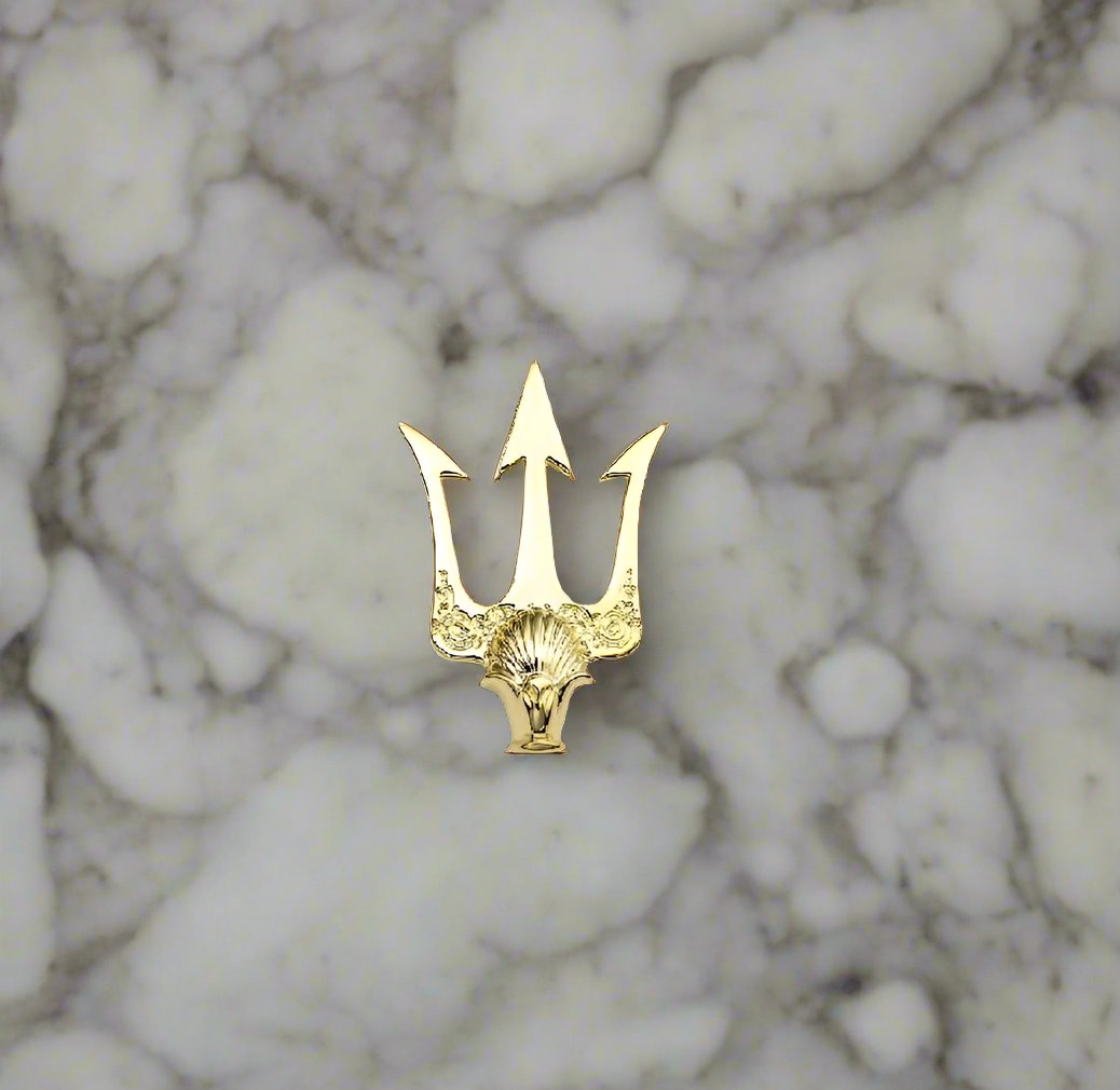 Man wearing a silver trident pin on a navy suit at a formal event