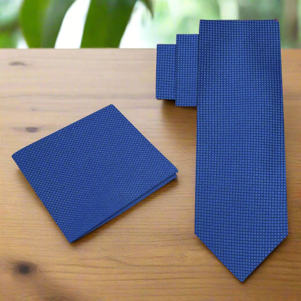 Elegant navy blue silk mens tie with subtle check pattern, suitable for weddings