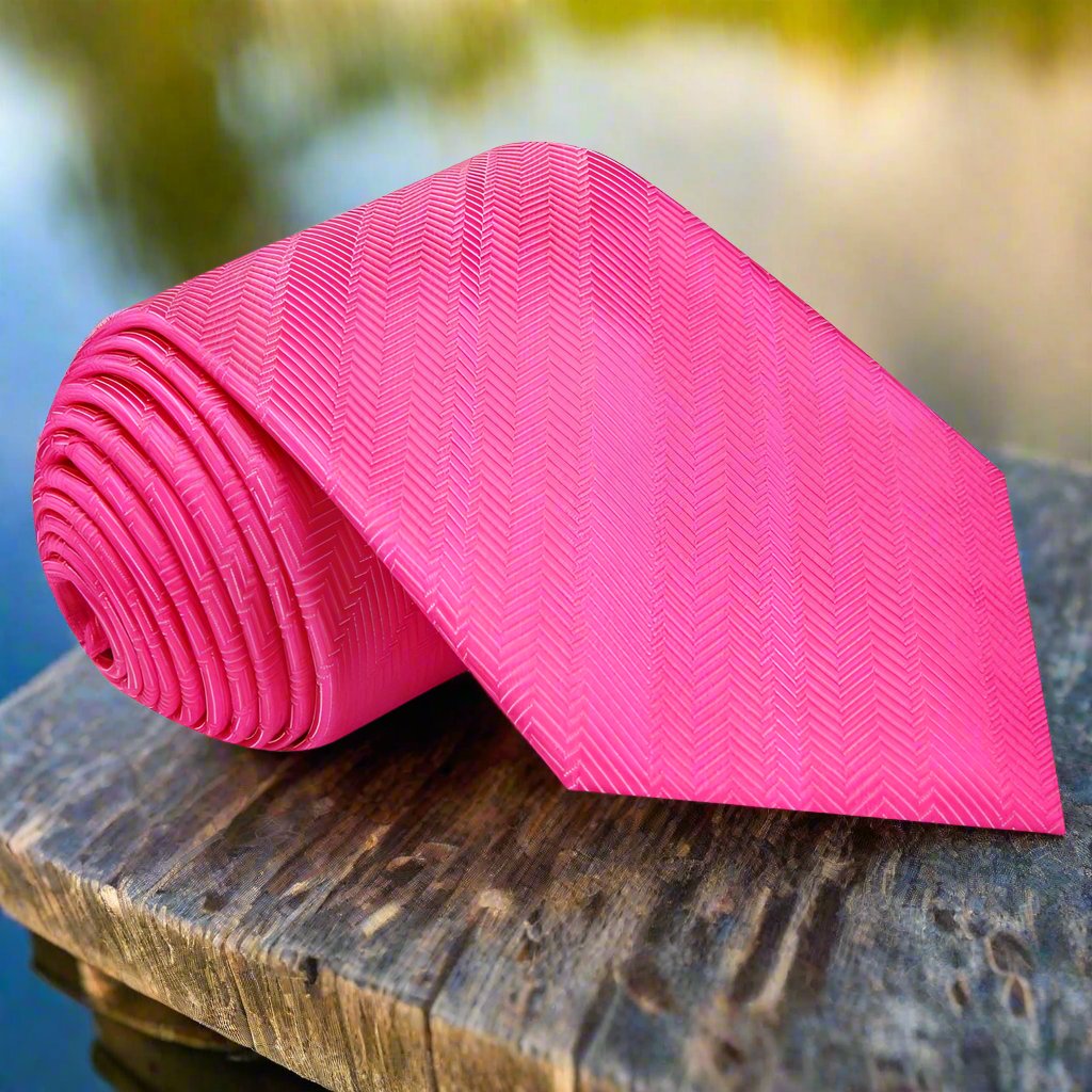 Elegant pink silk necktie displayed on a white dress shirt, showcasing the lined texture.