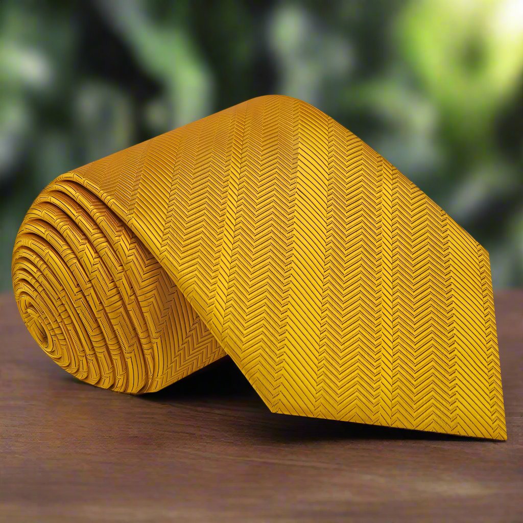 Close-up of vibrant yellow silk necktie against a crisp white dress shirt.