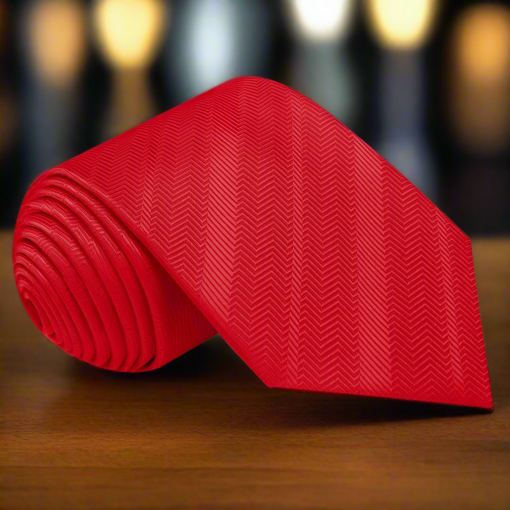 Close-up view of the Elegant Garnet Red Silk Necktie showcasing the herringbone texture.