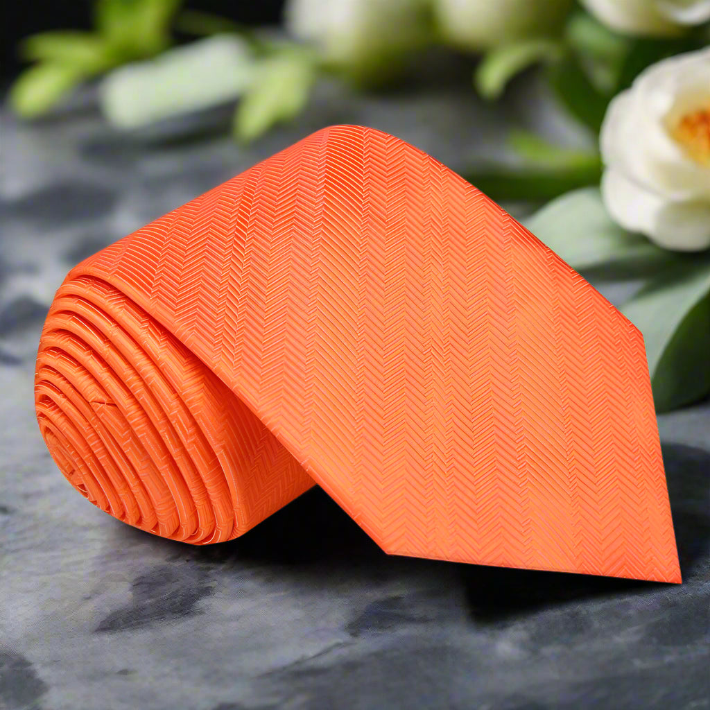 Front view of tiger orange silk necktie on white shirt — perfect for weddings
