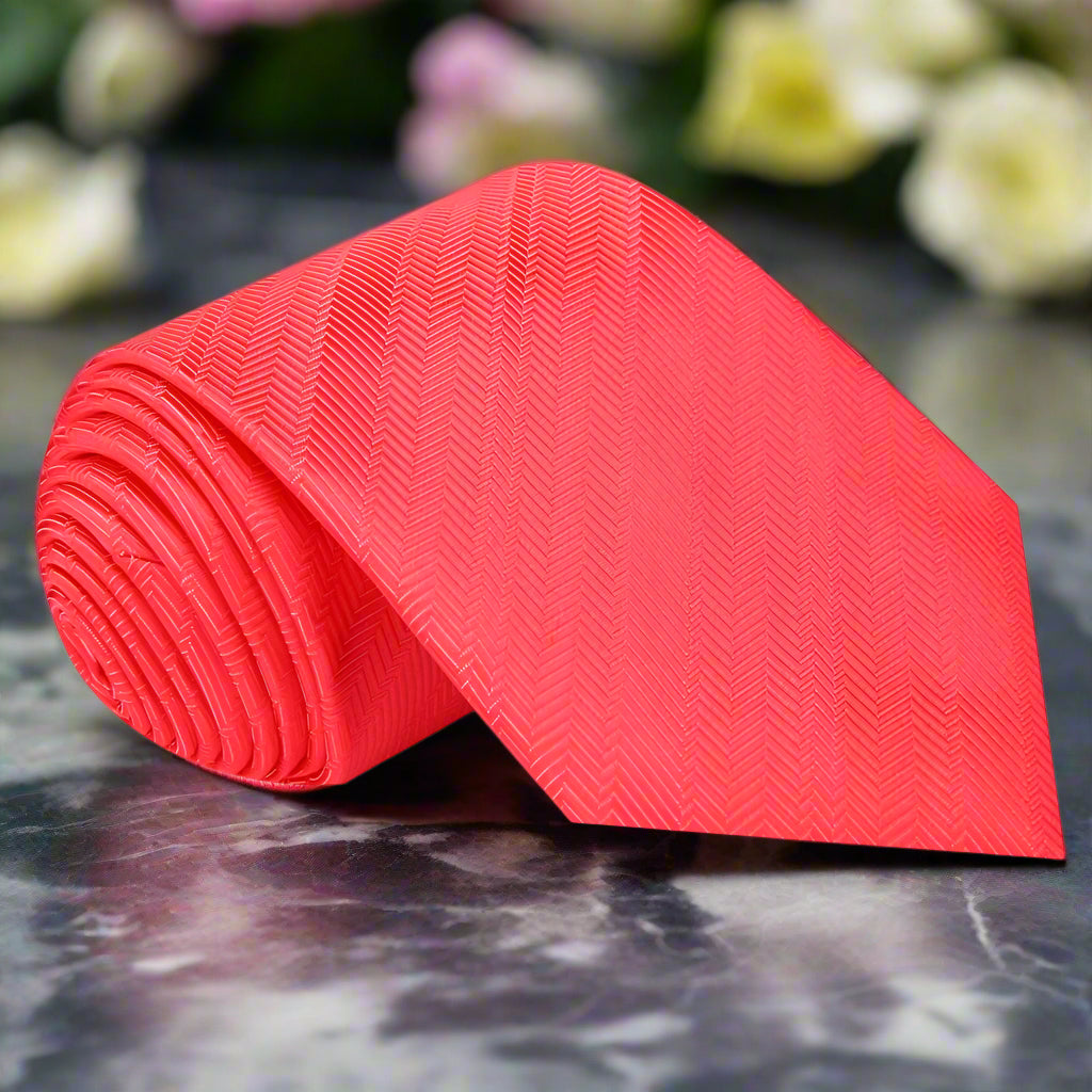 Close-up view of the Elegant Garnet Red Silk Necktie showcasing the herringbone texture.