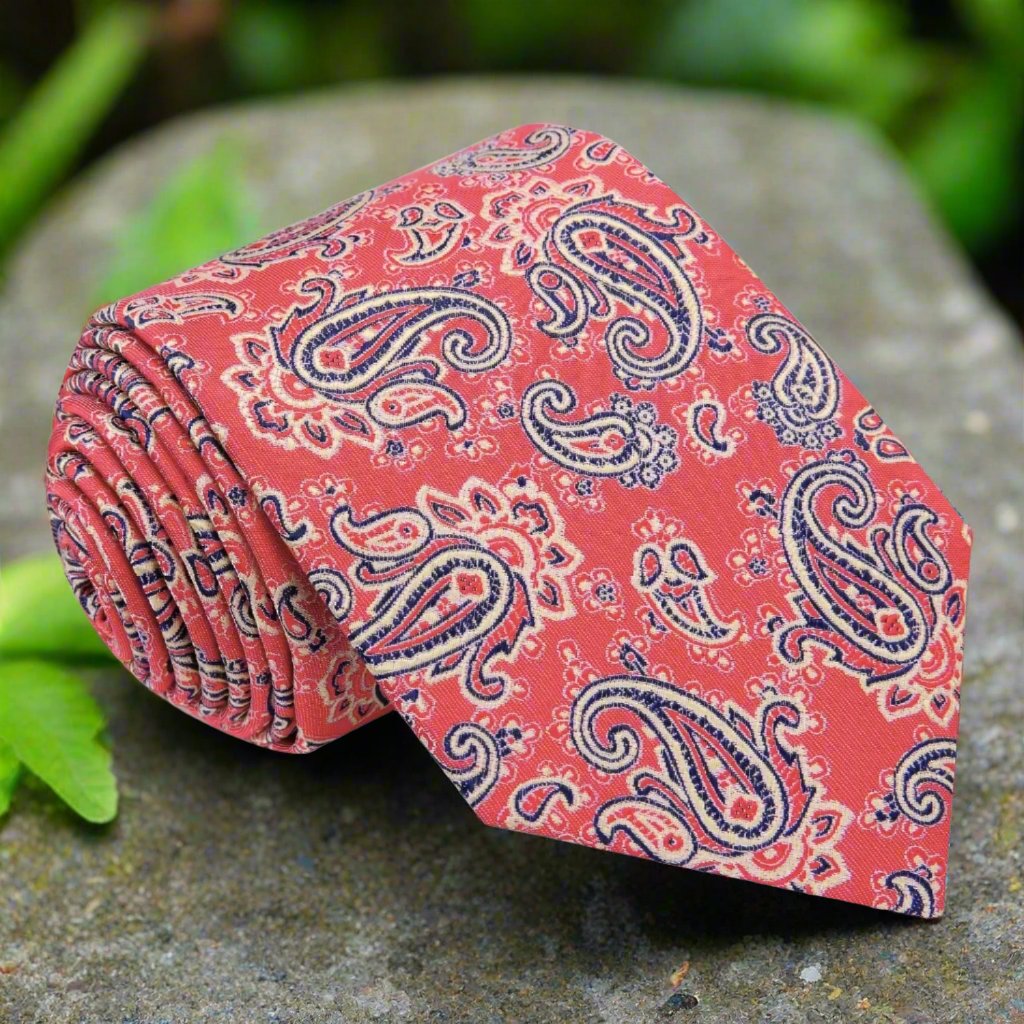 Sunset red paisley silk necktie with detailed pattern, ideal for weddings