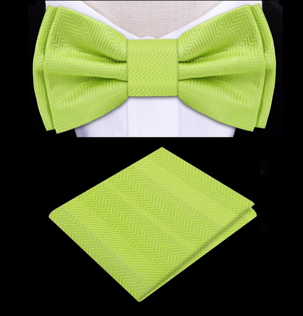 Front view of kids sweet lime bow tie and pocket square set for children