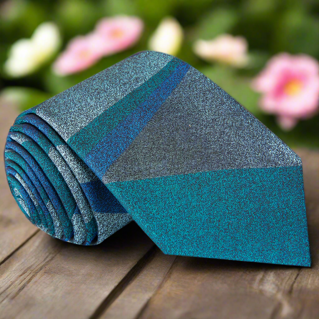 Front view of teal abstract silk necktie with modern design for formal wear