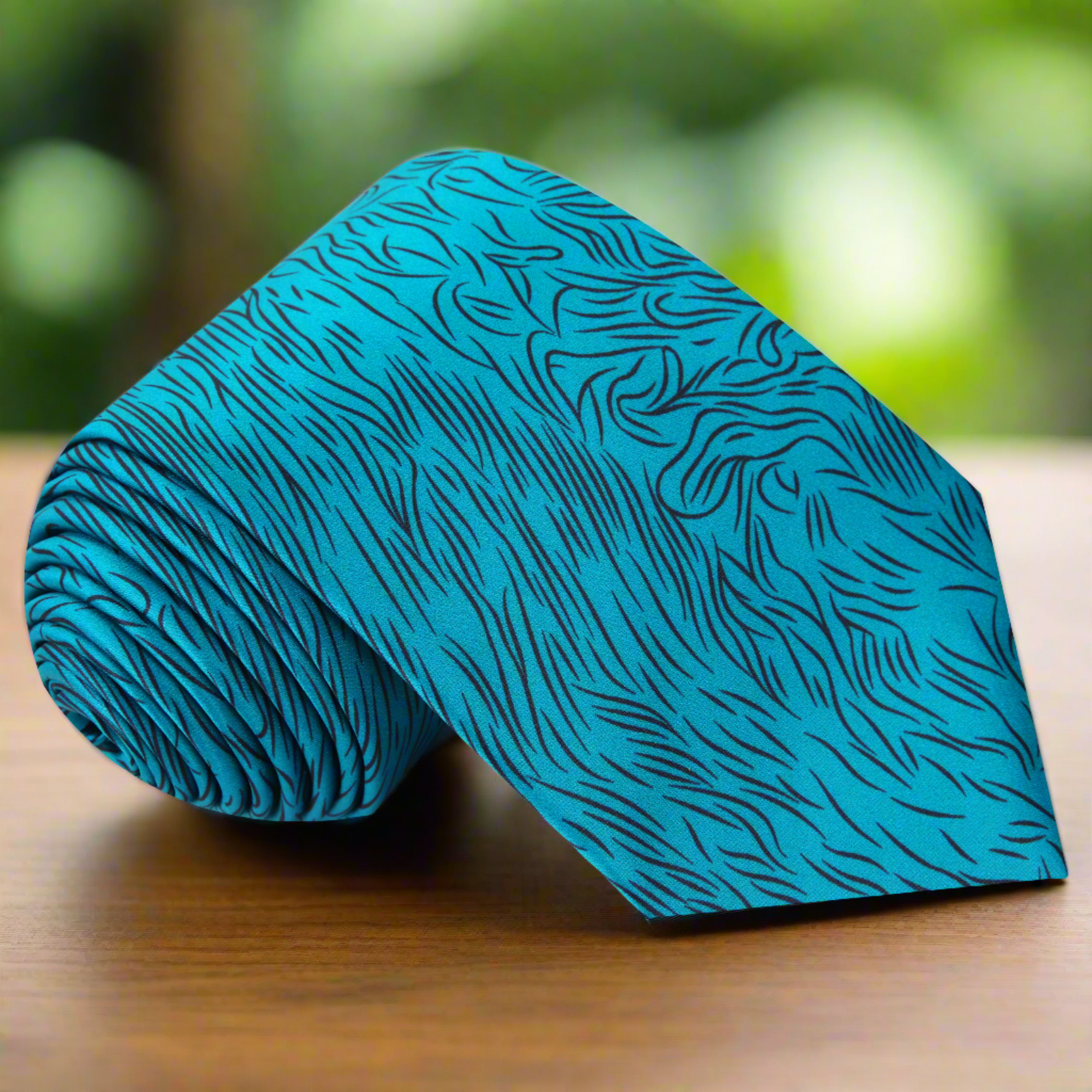Close-up of a rich teal silk necktie with black abstract lines, perfect for weddings