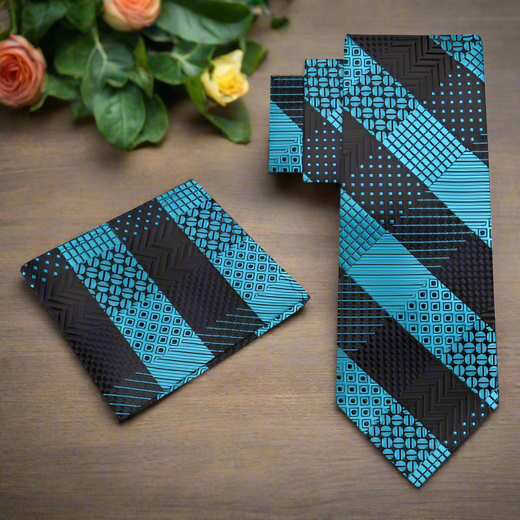 Close-up of fabric pattern and vibrant colors of the silk tie