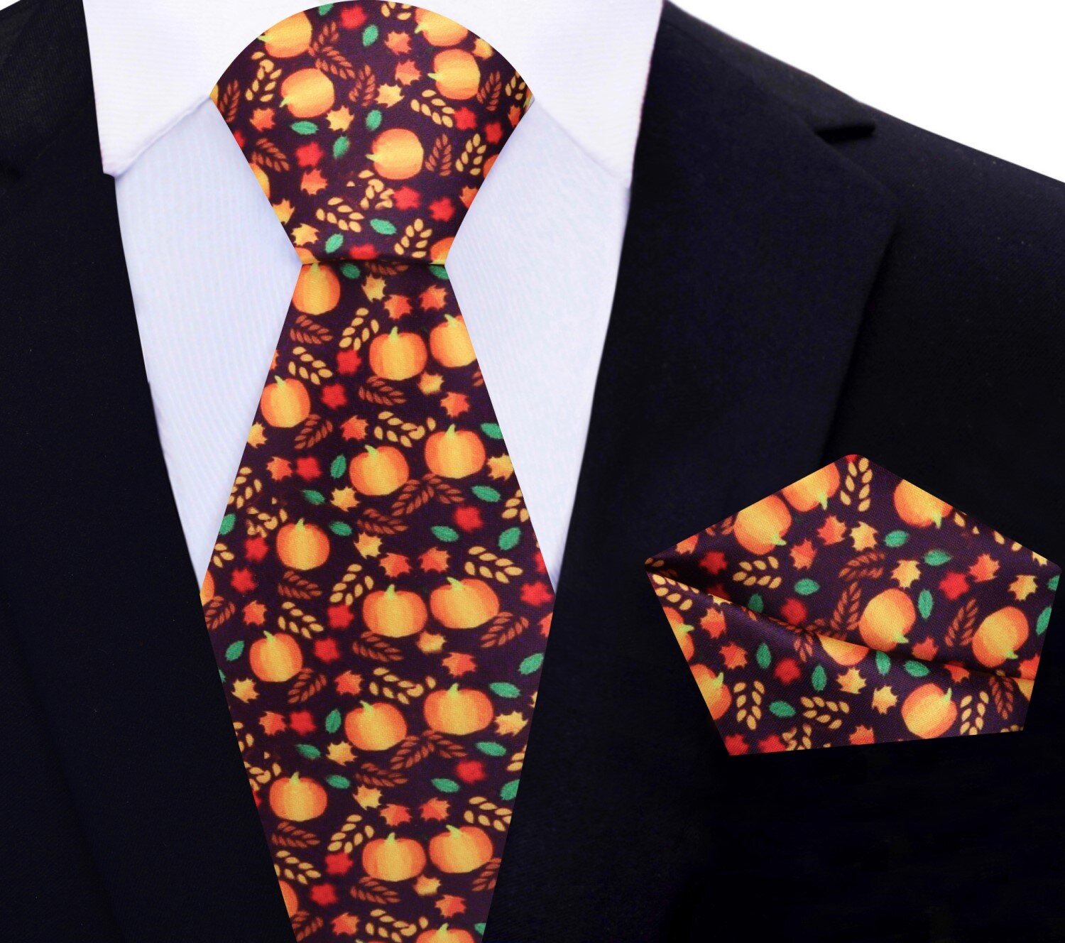 Autumn themed silk tie featuring pumpkins and colorful leaves, ideal for Thanksgiving.