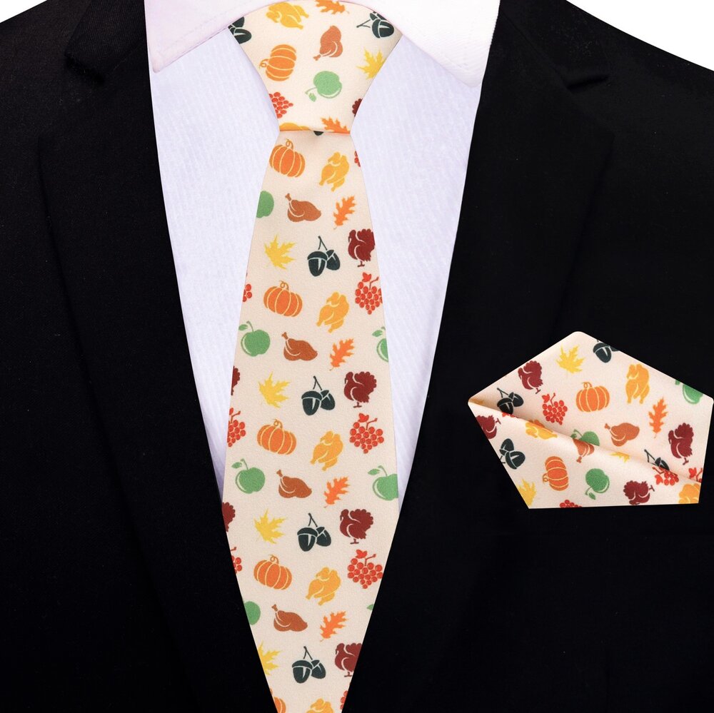 Front view of the Thanksgiving Celebration necktie with colorful turkey and pumpkin designs.