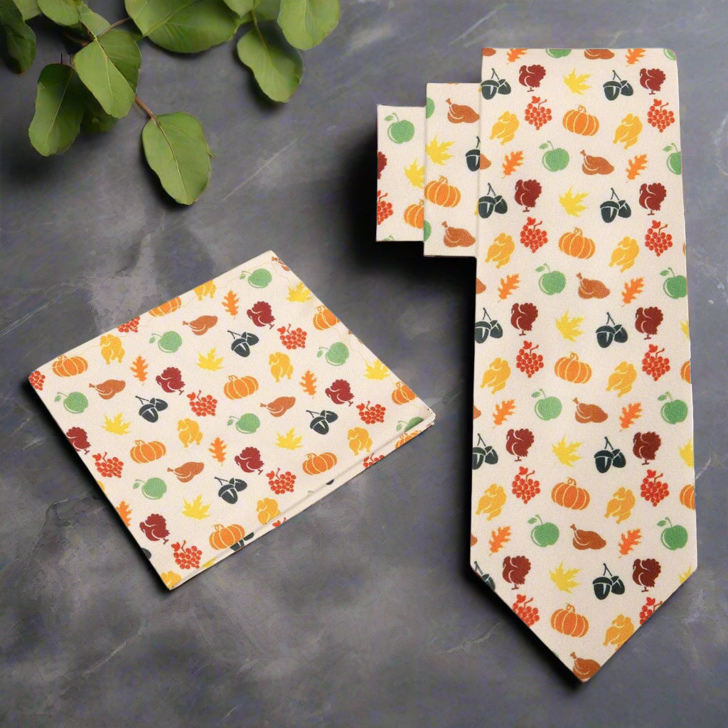 Close-up of the silk fabric showcasing the vibrant Thanksgiving-themed pattern.