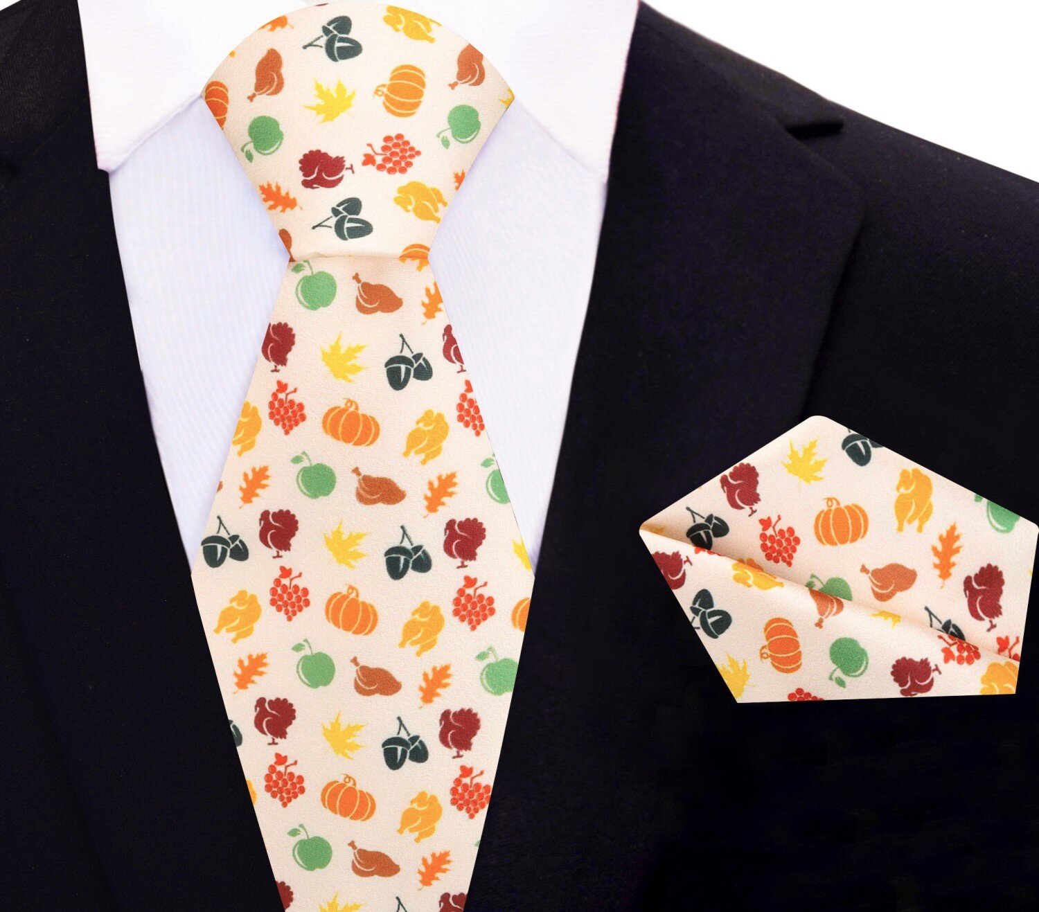 Close-up of the silk fabric showcasing the vibrant Thanksgiving-themed pattern.