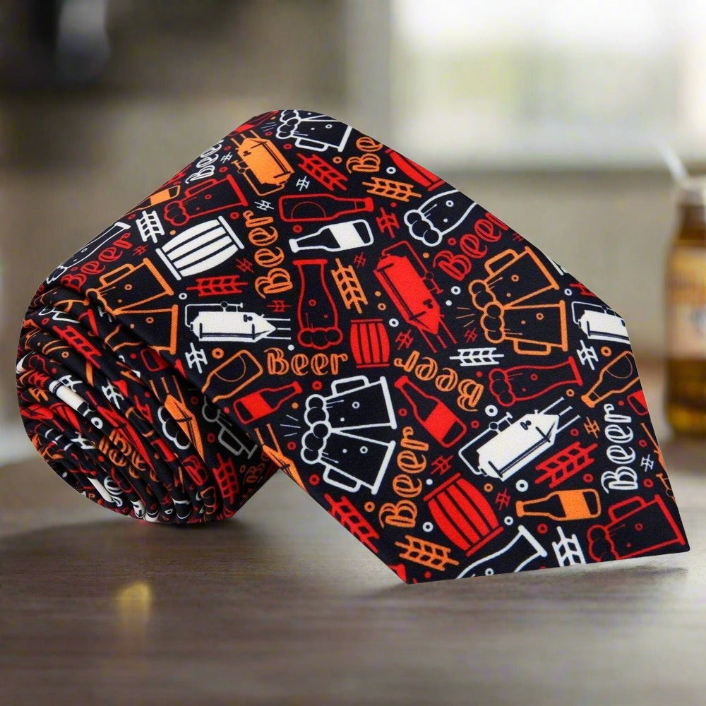 Close-up of beer themed silk necktie with vibrant brewery design