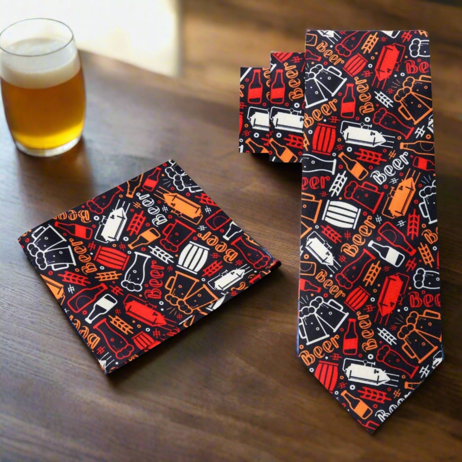 Silk tie featuring beer mugs and barley for beer enthusiasts