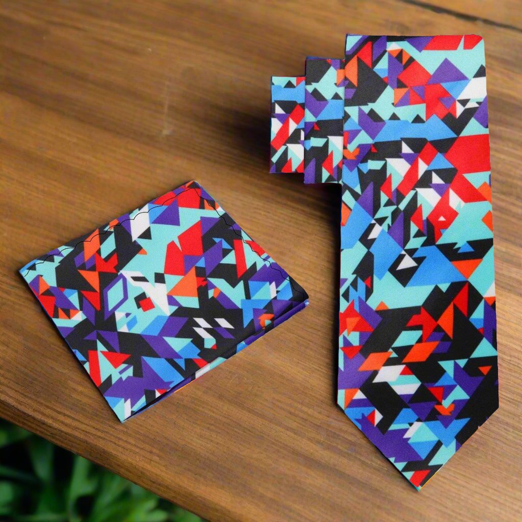 Digital pixel necktie paired with a navy suit, highlighting the bold colors and geometric design.