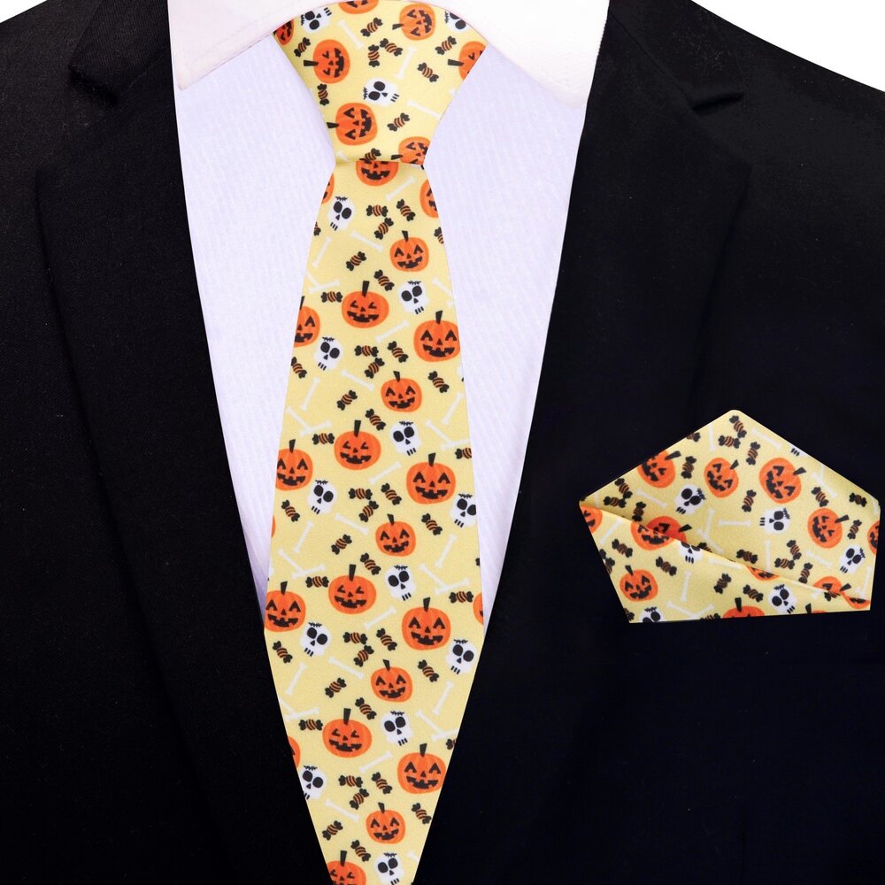 Festive Halloween necktie styled with a white dress shirt for a themed party