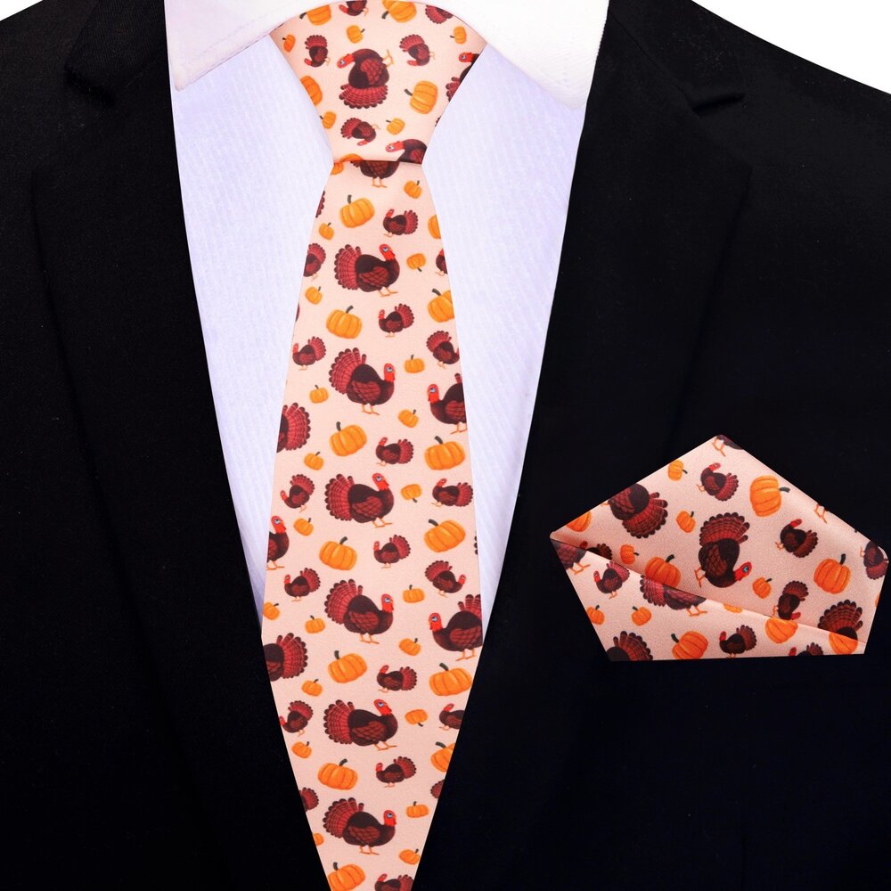 Brown tweed suit paired with the turkey necktie, ideal for a cozy Thanksgiving gathering.