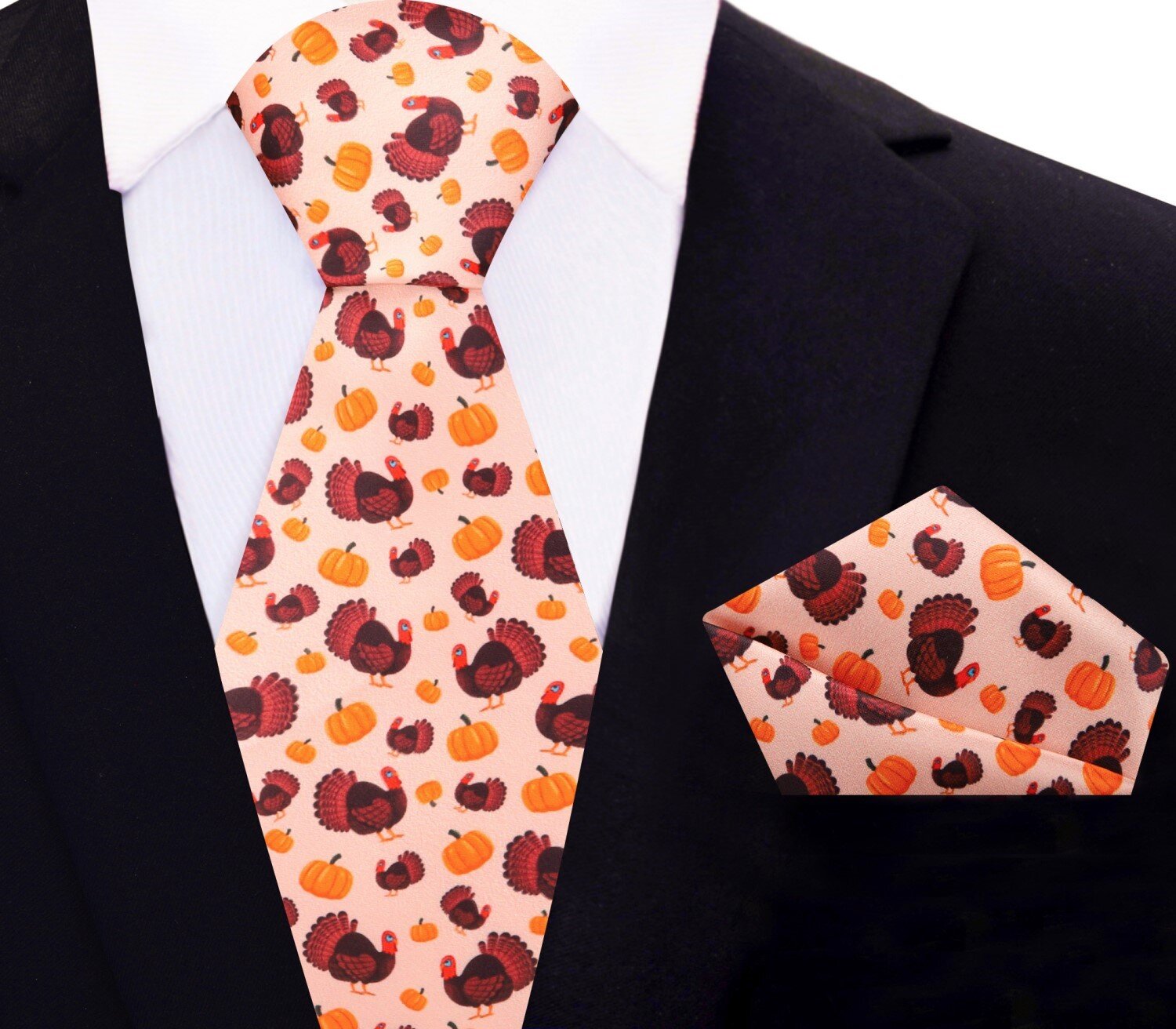 Man wearing the Thanksgiving tie at a holiday dinner, perfectly complementing a cream dress shirt.