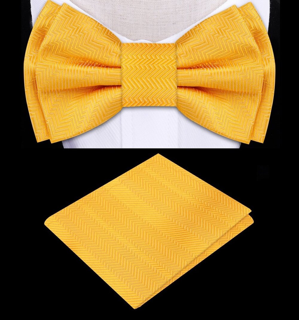 Front view of the Tuscany Yellow kids bow tie set on a formal outfit.